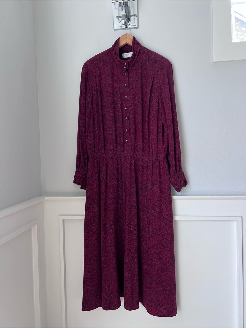 Women's Burgundy Paisley Button-Front Long Sleeve 100% silk Dress